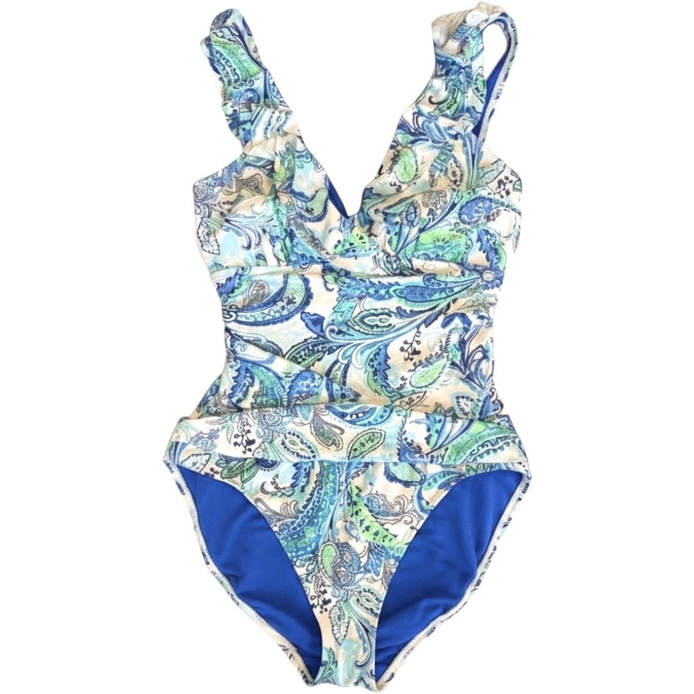Lauren Ralph Lauren Blue Green Paisley Ruffle Underwire One Piece Swimsuit 6